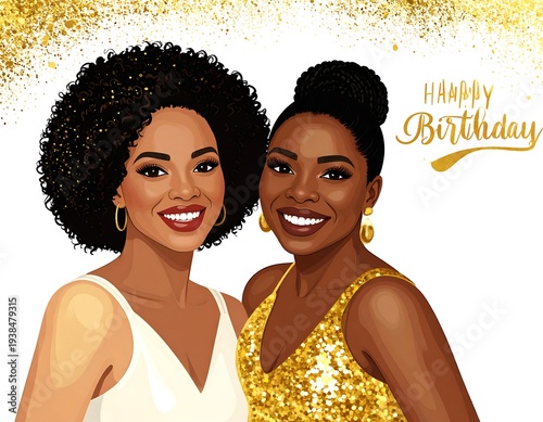 Two lovely, smiling women with golden accents against a festive, white birthday background