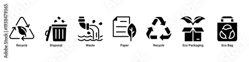 Waste Control web banner icon vector illustration with Recycle,Disposal,Waste,Paper,Eco Packaging,and Eco Bag icons representing waste reduction and recycling management.