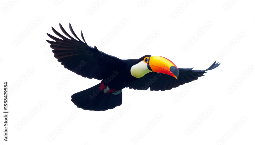 Fototapeta premium Colorful Toucan in Flight Against Plain White Background