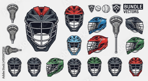 Collection of Lacrosse Helmets and Gear Vector Illustrations.