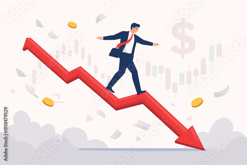 Businessman walking on a downward red arrow during a stock market crash or economic recession. Concept of financial crisis, bear market risk, short selling, and investment strategy in downturn.