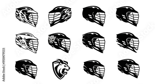 Collection of Lacrosse Helmets and Lion Emblem.