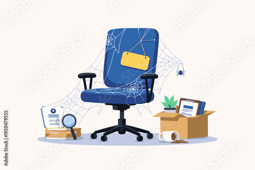 Labor Shortage and Job Vacancy Concept with an Empty Blue Office Chair Covered in Cobwebs and a Spider. Illustration of Hiring Crisis, Recruitment Needs, Help Wanted, and Employment Opportunities.