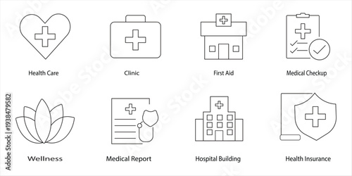 Healthcare and Medical Line Icon Set – Clinic, Hospital, Wellness, Insurance, First Aid Outline Vector Icons