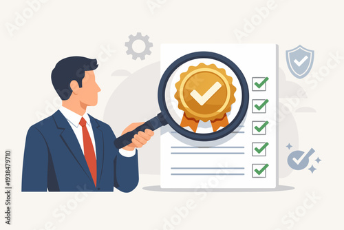 Corporate businessman inspecting a document with a magnifying glass, revealing a gold quality seal and completed checklist. Concept of quality control, compliance, and certified approval.