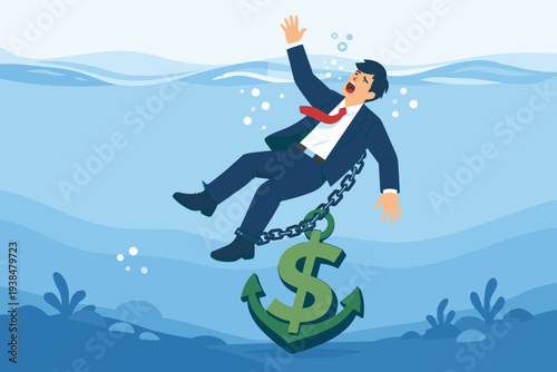 Distressed businessman drowning underwater chained to a heavy dollar sign anchor, conceptualizing sunk cost fallacy, financial debt, investment failure, economic crisis, and money problems.