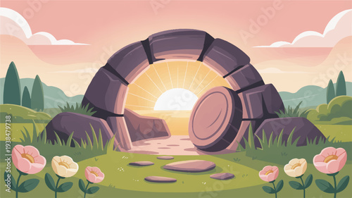 Stone archway entrance with pink roses at sunrise in a serene landscape with green hills