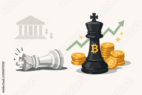 Winning Bitcoin trading strategy concept with black chess king and crypto coins defeating traditional banking. Successful cryptocurrency investment, decentralized finance growth, and market profit.