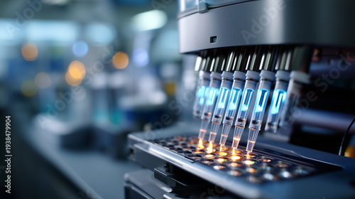 Macro close-up of a glowing blue automated peptide synthesizer, the detail columns and tubing of the synthesis system in crisp focus, chemical reaction indicators in the active col