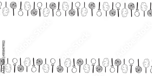 Hand drawn vector frame featuring various sweets and lollipops. The design includes an empty space for text in the center.