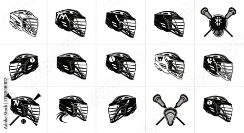 Lacrosse Helmets and Sticks Collection Vector Graphics.