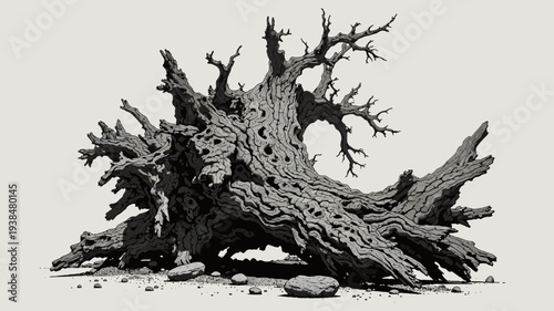 Dead tree stump on gray background black and white illustration monochrome roots