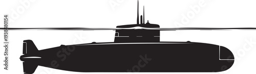 Silhouette vector illustration of submarine submerged in water, underwater military transport line art