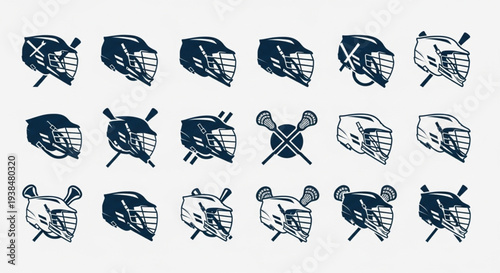 Collection of Lacrosse Helmets and Crossed Sticks Vector Illustrations.