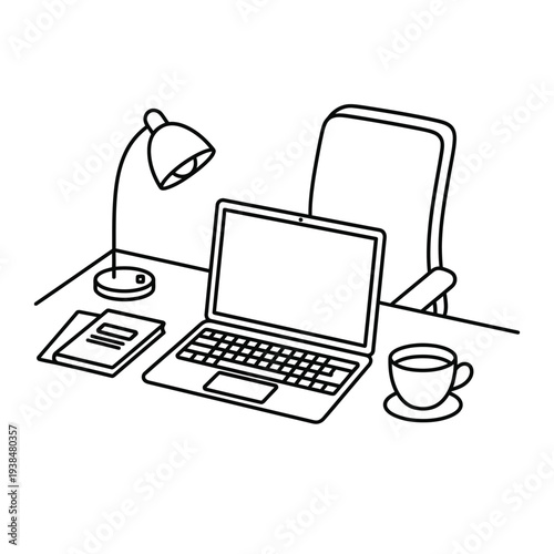 Minimalist Office Desk Setup with Laptop and Lamp.