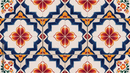 Colorful ornate tile pattern with floral designs and geometric shapes