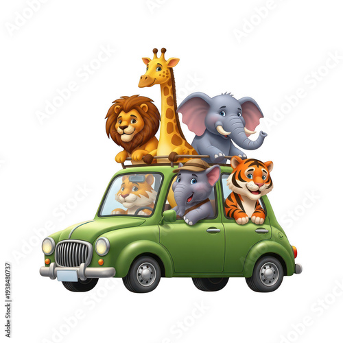A green car with a variety of animals on top isolated on transparent background