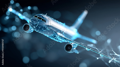Digital rendering of airplane made of blue lights, flying through network of connected points, technological aviation concept, data connectivity, defocused digital space, with copy
