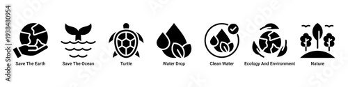Ocean Defense web banner icon vector illustration featuring Save The Earth,Save The Ocean,Turtle,Water Drop,Clean Water,Ecology And Environment,and Nature icons.