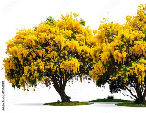 Two lush mimosa trees covered in vibrant yellow blossoms, standing against a stark white backdrop with green grass