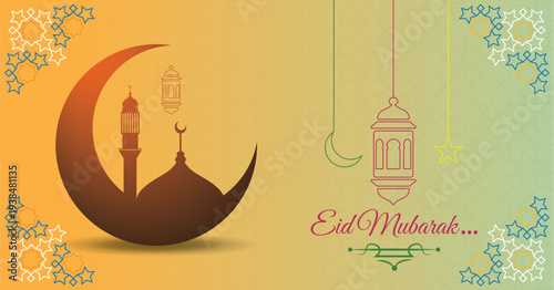 realistic eid mubarak wishes banner, eid mubarak card, eid mubarak template, with masque, moon, star, islamic lumps, corner with arabic decoration