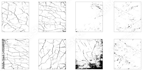 Set of grunge urban black cracks wall texture background. . Grain noise particles. Rusted white effect.