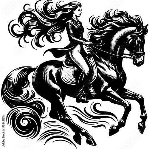 Elegant Equestrian: A striking monochrome illustration of a poised rider on a majestic horse, their bond evident in the flowing lines of their forms and the spirited energy of the scene.