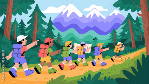 Group of hikers with backpacks running on forest trail towards snowy mountains under clear blue sky