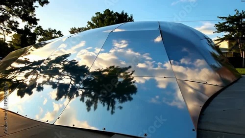 Clouds and Blue Sky Reflection on Curved Metallic Architecture at Sunset