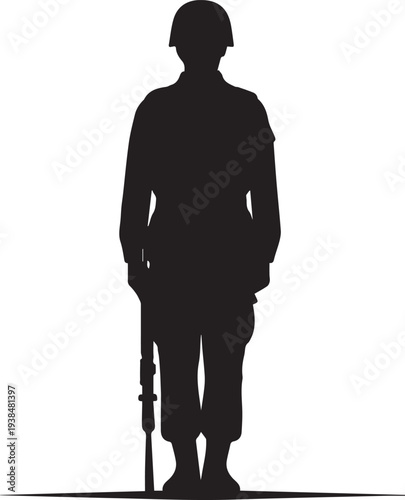 Vector silhouette illustration of soldier standing guard, line art static pose