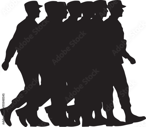 Vector silhouette illustration of soldiers marching, line art group walking