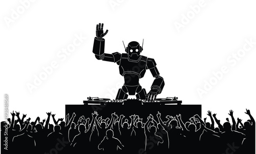 Robot DJ performing for energetic crowd at music festival