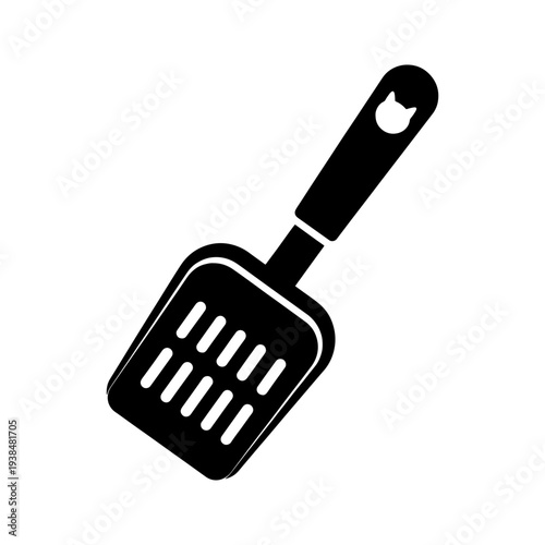 A minimalist black graphic depicts a cat litter scoop a common household pet tool silhouette