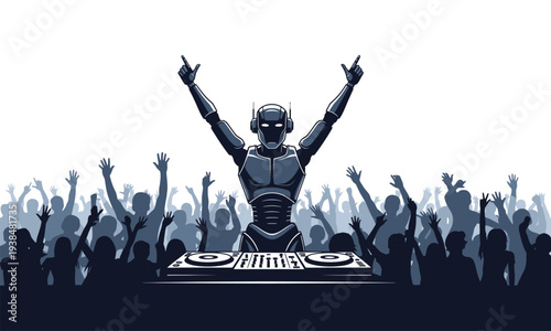 Robot DJ performing at a lively party with a cheering crowd