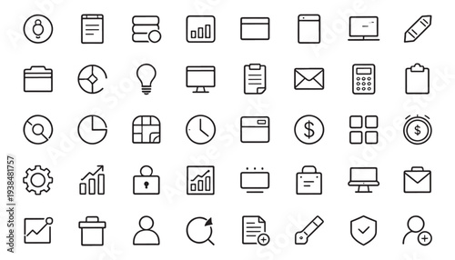  icon set featuring professional media and technology symbols for web, mobile, and business interface design.