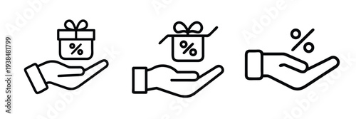 Gift box and percentage outline icon set featuring hand holding discount and reward for ecommerce promotion and customer loyalty and more vector illustration or editable stroke