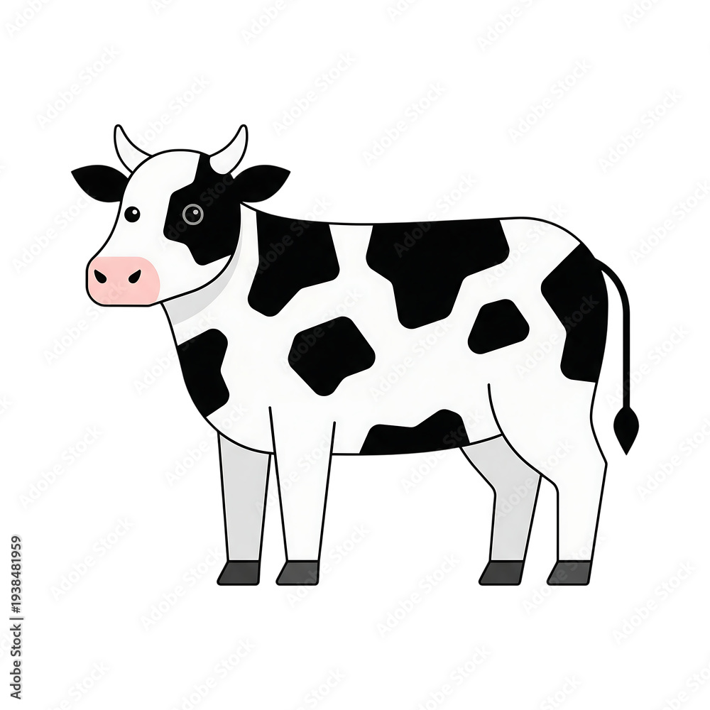 Fototapeta premium Cartoon cow standing isolated on transparent background with black spots and pink nose