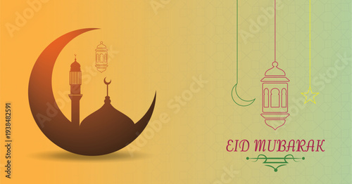 realistic eid mubarak wishes banner, eid mubarak card, eid mubarak template, with masque, moon, star, islamic lumps, corner with arabic decoration
