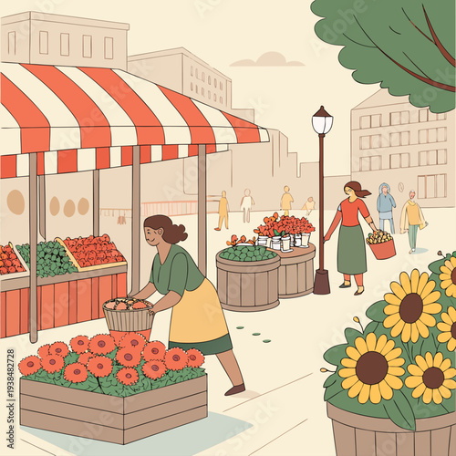 A bustling farmers market with vibrant produce and friendly vendors under striped awnings Vector