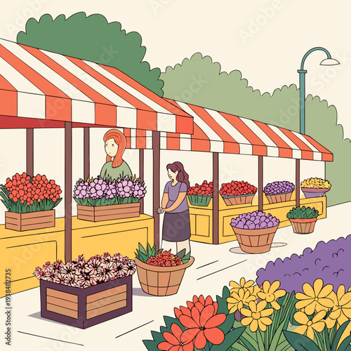 A vibrant outdoor market with various stalls and colorful flowers. Vector