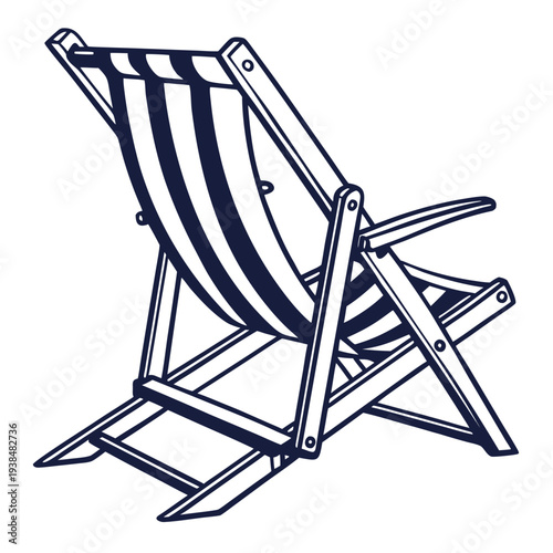 A striped deck chair with a wooden frame and metal legs in a relaxed position Vector