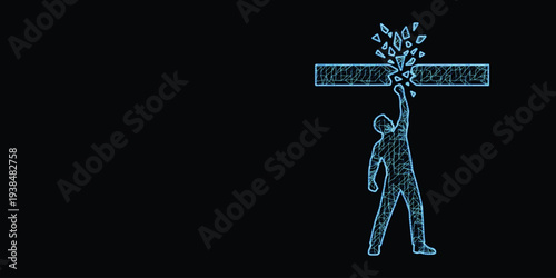Business Innovation Concept with Person Breaking Through Horizontal Barrier in Blue Digital Mesh Wireframe Style