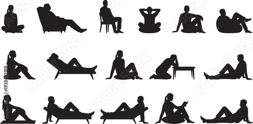 "Collection of fifteen black silhouettes of people in diverse seated and reclining positions, minimalistic human posture illustration for design, ergonomic study, and artistic reference purposes"