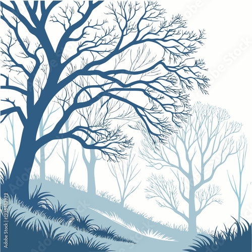 A serene winter landscape with bare trees and a snowy field Vector