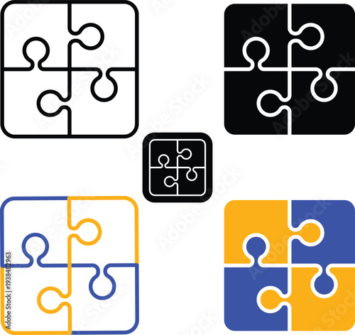 Collection of four-piece puzzle square icons in various styles including outline solid black and blue and orange color combinations Hand Drowing Vector Silhouette, Pictogram and Line Icon Set.eps