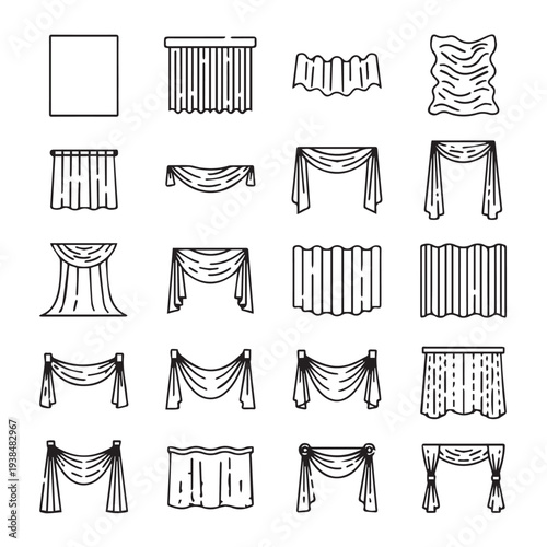 Drapery Styles and Curtain Designs Collection Vector Icons