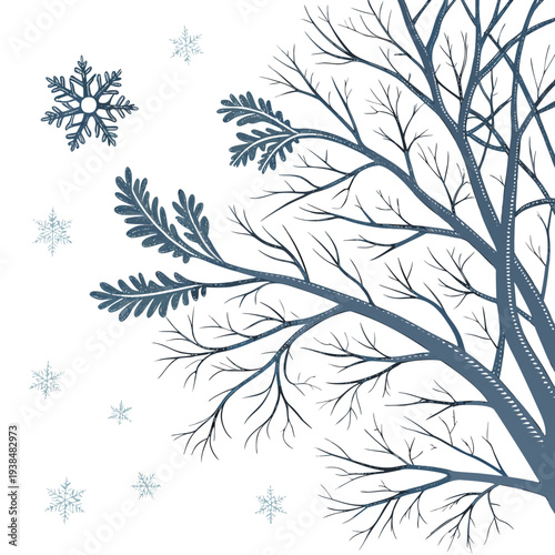Delicate branches of a tree adorned with small leaves and snowflakes on a white background Vector