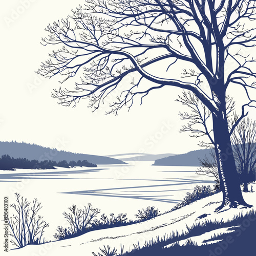 A serene winter landscape with a solitary tree overlooking a frozen lake Vector