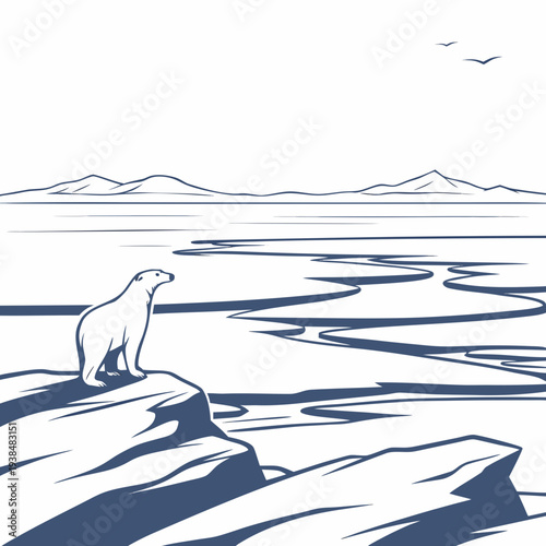 A majestic polar bear stands on a floating ice sheet in the arctic ocean. Vector