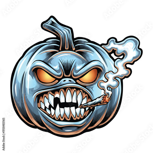 Evil Blue Pumpkin Monster Smoking a Cigar Vector Illustration, Spooky Jack O' Lantern Halloween Character Design. Angry Pumpkin Head with Sharp Teeth and Smoke, Creepy Halloween Mascot Vector Design.